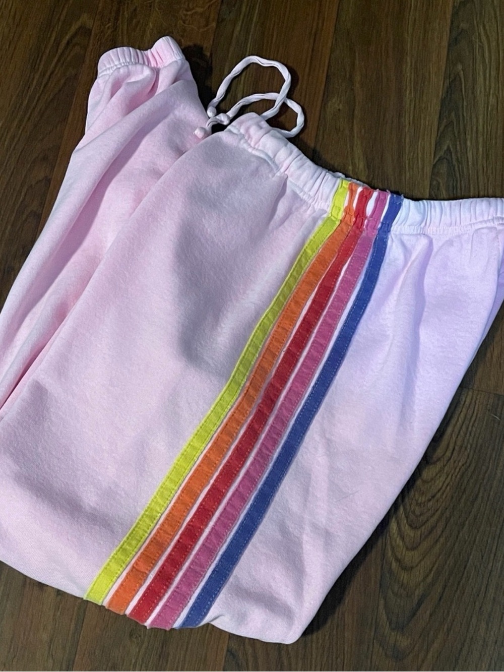 Aviator Nation Pink Track Pants with Rainbow Side Stripes